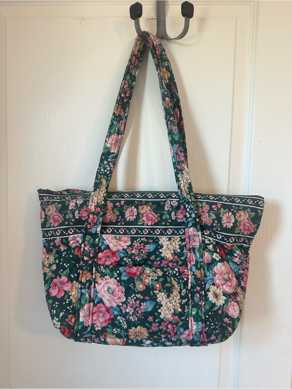 Vintage Vera Bradley Dark Green Floral Quilted Tote with Pink Accents